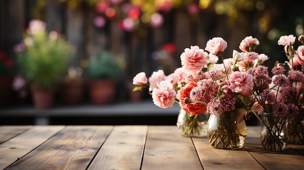 写真 背景に花のテーマが描かれた空の木製のテーブル