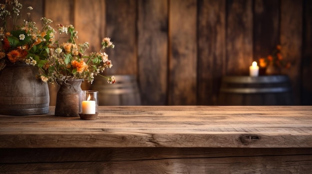 empty wooden table with flowers and a candle copy space mockup generative ai