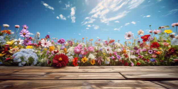 Empty wooden table with flowers field background free space for product display Generative Ai