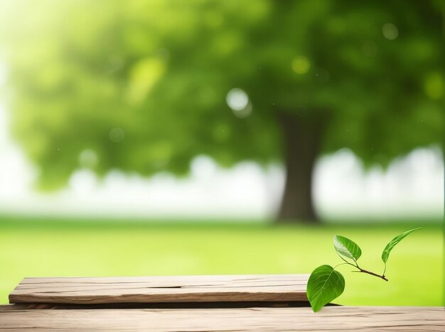 Empty wooden table with fresh green tree leaves green nature background