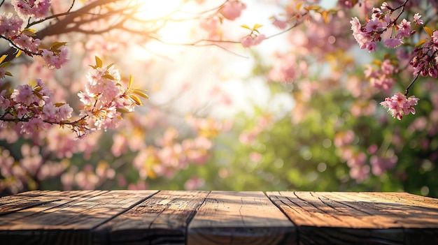 Foto tavolo di legno vuoto con bokeh di giardino per uno sfondo di catering o cibo con un tema country outdoortemplate mock up per la visualizzazione di illustrazioni generate da ai del prodotto