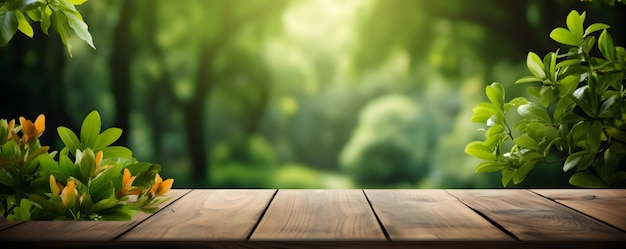 緑の背景の空の木製テーブル