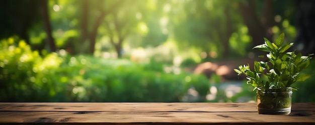 Empty wooden table with green background