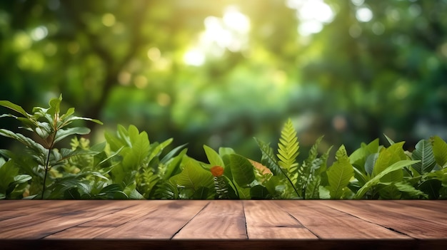 Empty wooden table with green natural background