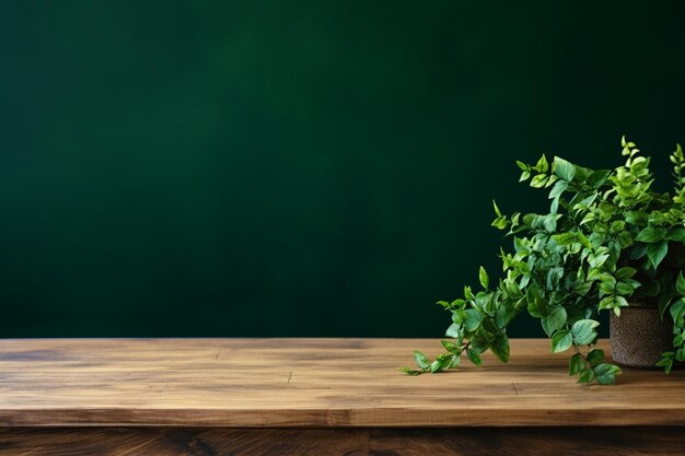 Photo empty wooden table with home plant decor over green wall background