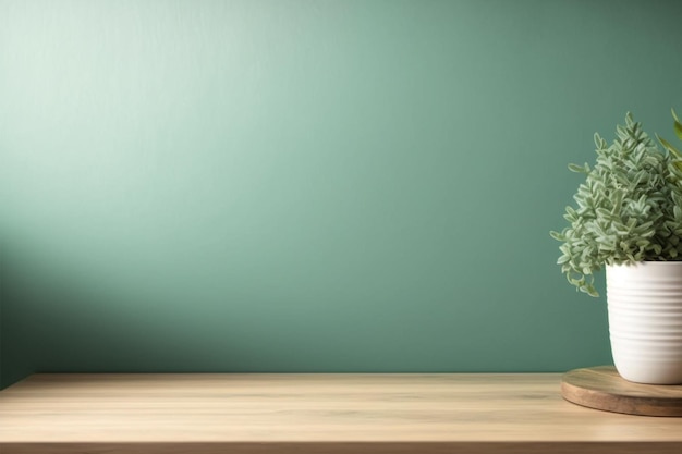 Empty wooden table with home plant decor over green wall background