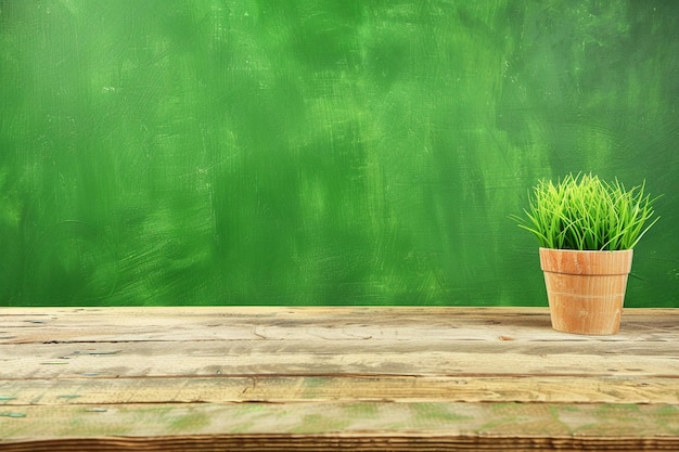 Empty wooden table with home plant decor over green wall background