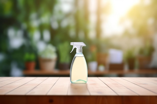 Photo empty wooden table with household cleaning products in front blurred background generative ai