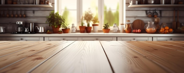 Empty wooden table with kitchen in background