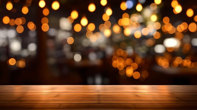 Empty wooden table with lights bokeh on blur restaurant background for product placement or montage with focus to table top Generative Ai