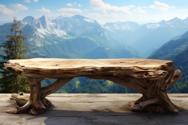 山の背景の空の木製のテーブル 岩の山の素晴らしい景色で自然の中でリラックスする場所