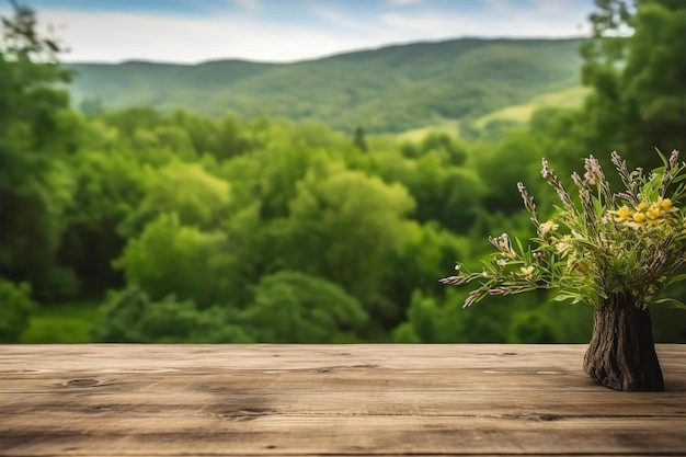 Empty Wooden Table with Nature Scenery Background