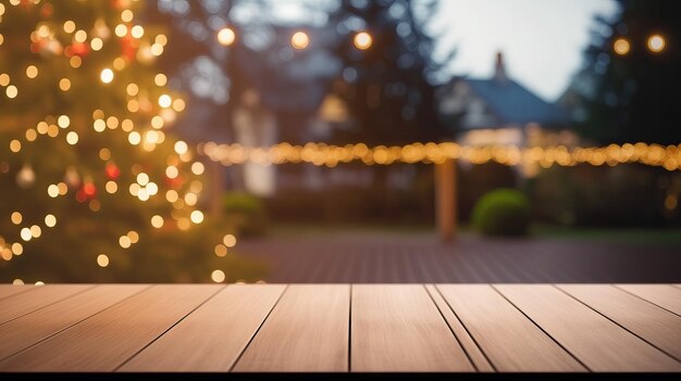 Empty wooden table with new year theme in background