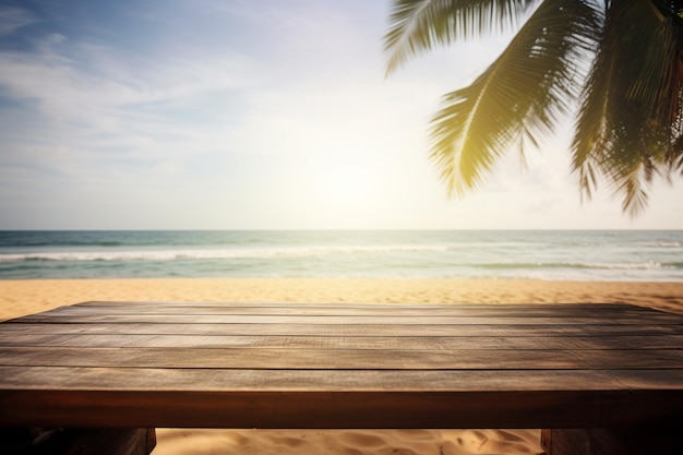 Empty wooden table with palm in the beach on background