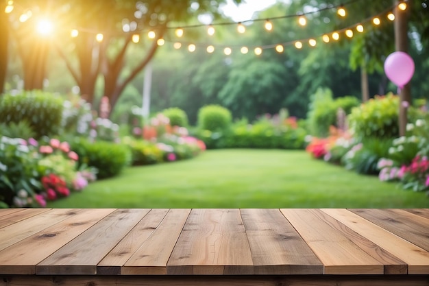 Foto tavolo di legno vuoto con festa sullo sfondo del giardino sfocato