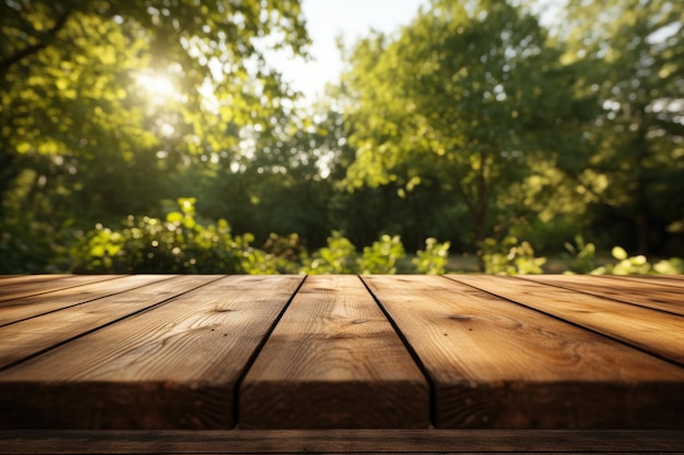 庭の背景にピクニックを持つ空の木製テーブル生成AI