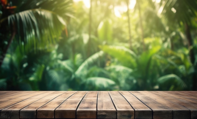 Empty wooden table with rainforest background