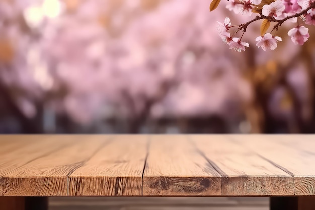 Empty wooden table with sakura and bokeh outdoors mockup templa