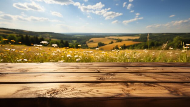 Empty wooden table with a serene meadow and trees