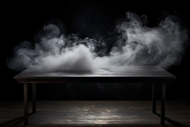 暗い背景に煙が浮かぶ空の木製のテーブルが謎の囲気を作り出します