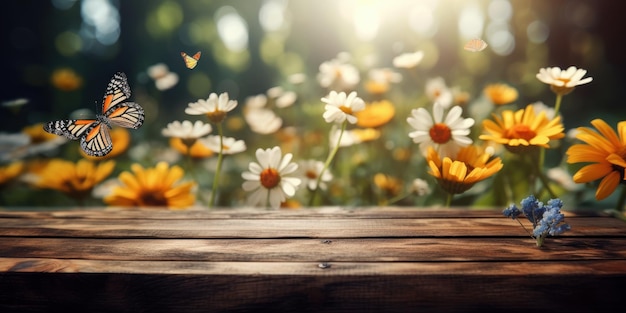 Empty wooden table with spring flower and butterfly background Generative Ai