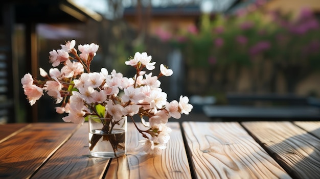 Photo empty wooden table with spring garden view from open window display template