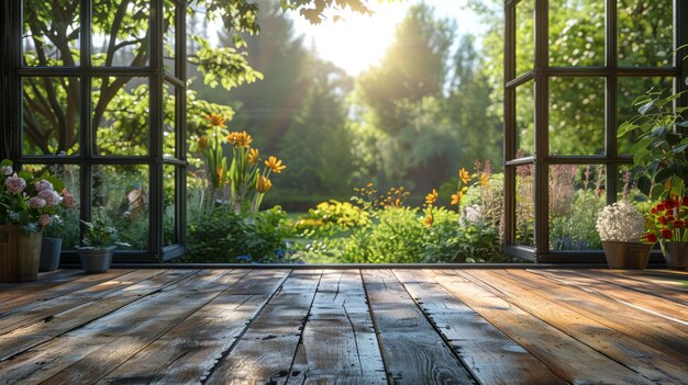 Empty wooden table with Spring garden view from open window display template