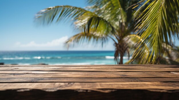 Empty wooden table with a summer sea and palms