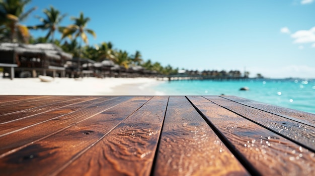 Empty wooden table with a summer sea and palms