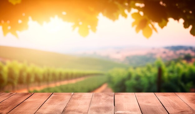 Photo empty wooden table with sunny vineyard background product montage ai generated