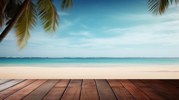 Photo empty wooden table with tropical beach theme in background