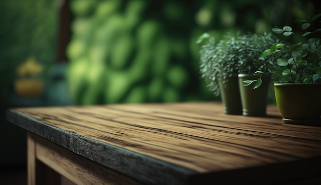 製品の広告のために、植物の入った 2 つの小さな花瓶が置かれた空の木のテーブルテーブルに焦点を当てる