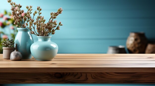 Photo empty wooden table with vase and flowersgenerative ai