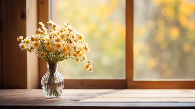 Photo empty wooden table with vase of wildflowers