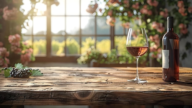 Photo empty wooden table with wine glass against vineyard background for product display concept photography wine product display vineyard table setting
