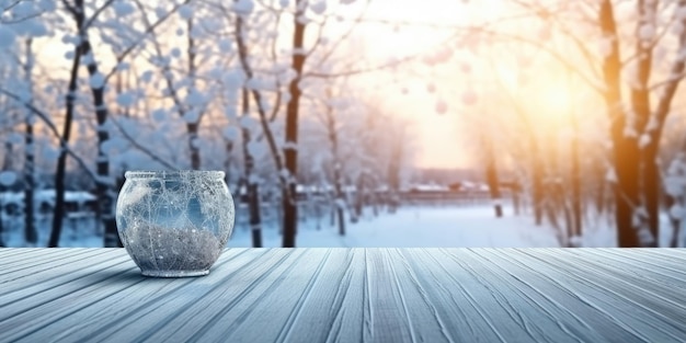 empty wooden table with winter background template mock up for display of product