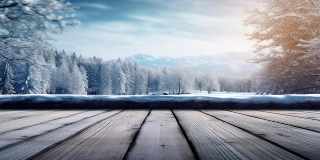 Empty wooden table with winter background template mock up for display of product