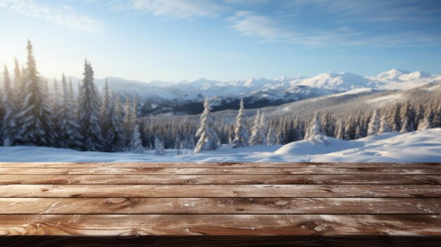Empty wooden table with a winter landscape
