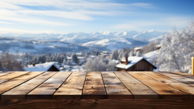 Empty wooden table with a winter landscape