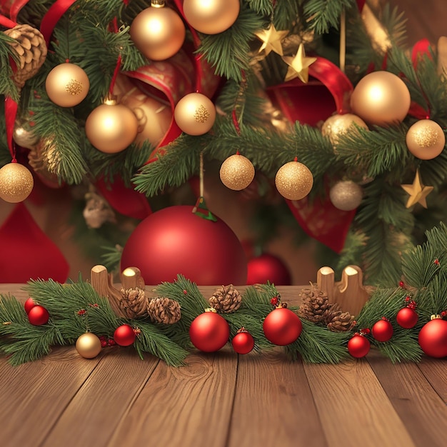 AIによって生成されたクリスマスの装飾品の背景に空の木製のテーブルトップとぼんやりした花束