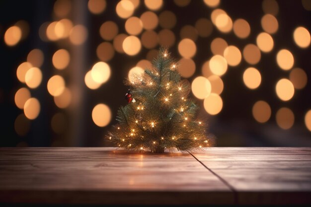 Empty wooden tabletop and blurred garland on Christmas ornaments background generative ai