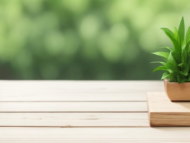 Empty wooden tabletop and blurred plants on the background copy space for your object product
