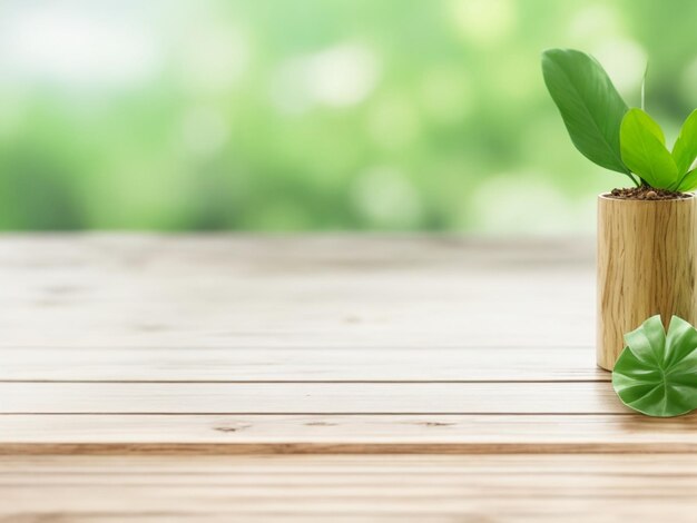 Empty wooden tabletop and blurred plants on the background copy space for your object product