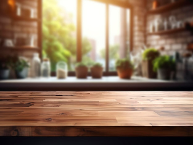 Empty wooden tabletop on bokeh background view modern kitchen Product food display Generative ai