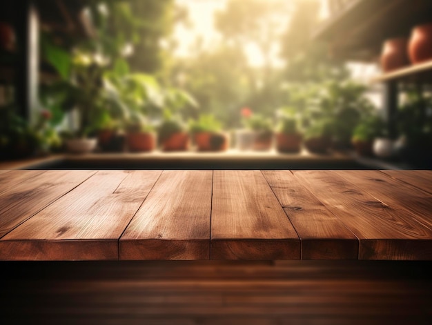 Empty wooden tabletop on bokeh background view modern kitchen Product food display Generative ai