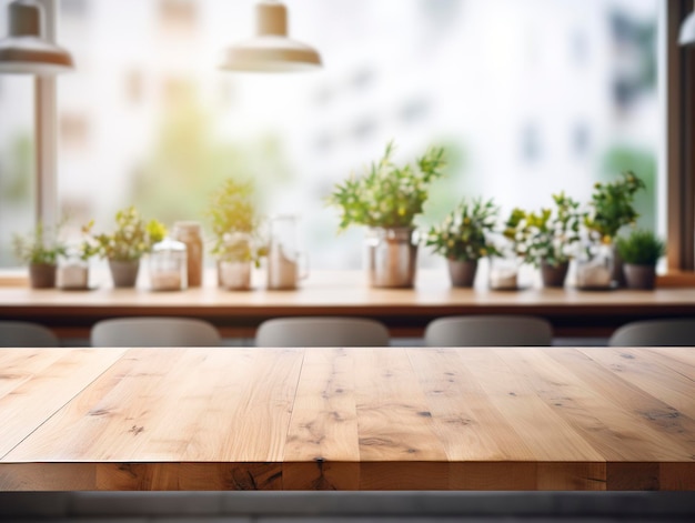 Empty wooden tabletop on bokeh background view modern kitchen Product food display Generative ai