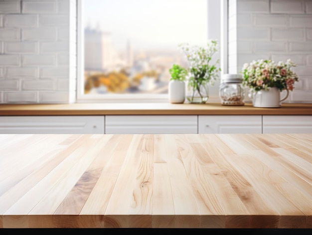 Empty wooden tabletop on bokeh background view modern kitchen Product food display Generative ai