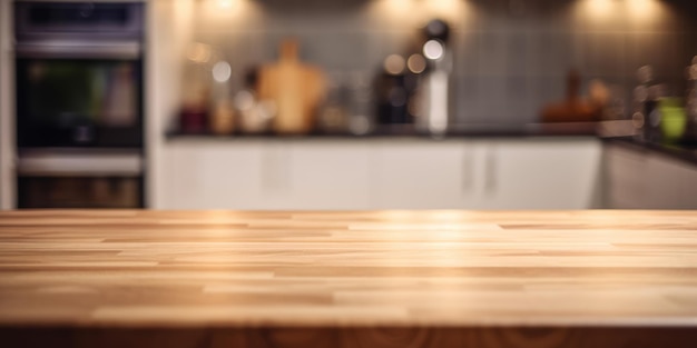 Empty wooden tabletop in front of a blurred white kitchen interior background Wooden table