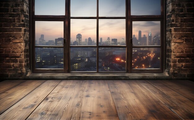 Empty wooden tabletop near the window brick wall night city on background Generative AI