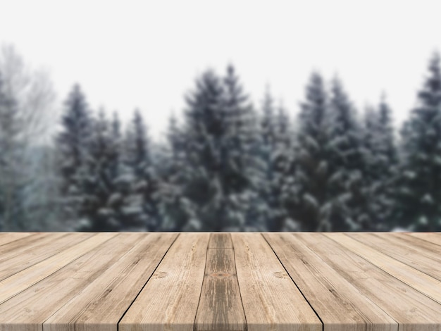 Empty wooden tabletop outdoor winter snowy Christmas tree background, suitable for montage product